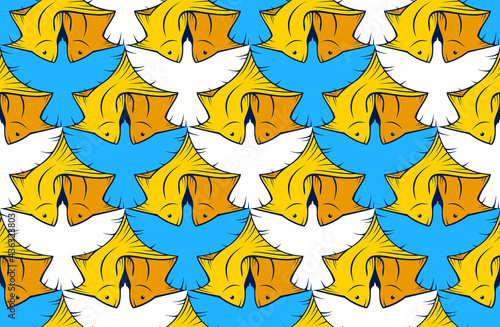 Birds and fishes vector seamless background in Escher artist graphic style, animals endless pattern.