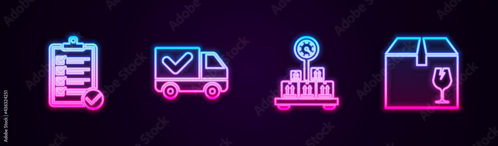 Set line Verification of delivery list, Delivery truck with check mark, Scale cardboard box and fragile content. Glowing neon icon. Vector Set line Verification of delivery list, Delivery truck with check mark, Scale cardboard box and fragile content. Glowing neon icon. Vector