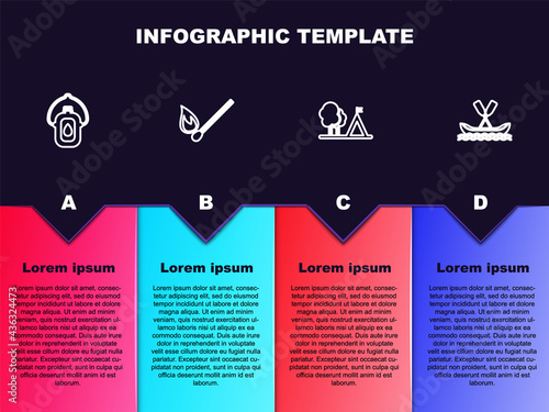 Set line Canteen water bottle, Burning match with fire, Tourist tent flag and Rafting boat. Business infographic template. Vector