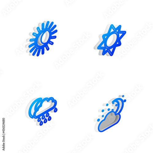 Set Isometric line Sun, Eclipse of the sun, Cloud with rain and moon and stars icon. Vector