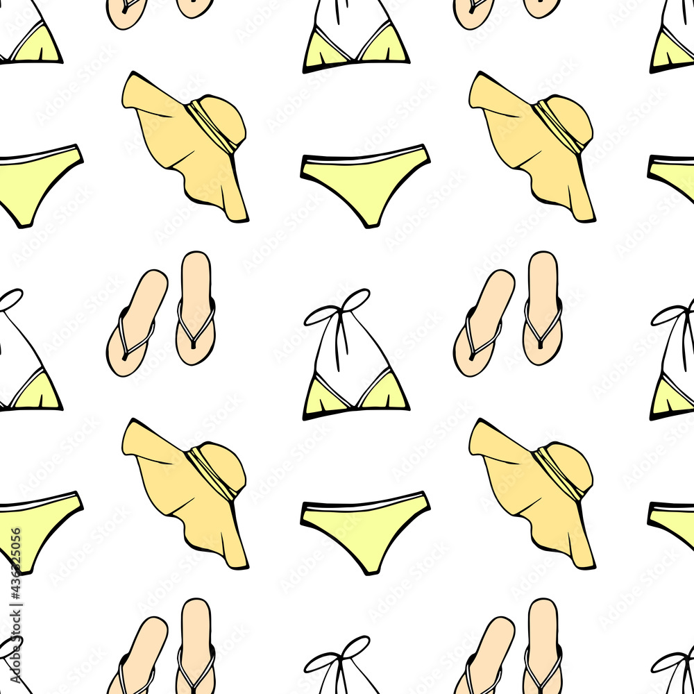 Obraz premium Summer beach seamless pattern. Ladies summer swimsuit, woman slippers and sun hat as design elements. Most popular clothing on vacation. Hand drawn sketch. Line. Colourful background on white.