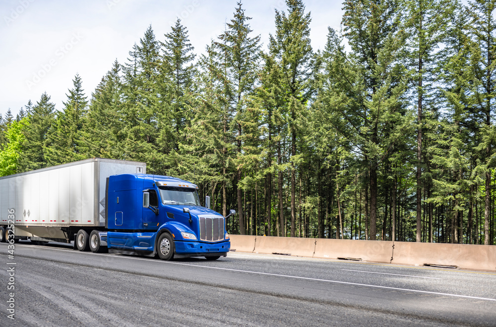 Powerful industrial long haul blue big rig semi truck transporting goods in dry van semi trailer running on the wide highway road with trees on the side