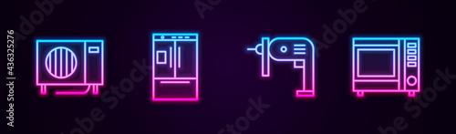 Set line Air conditioner, Refrigerator, Electric drill machine and Microwave oven. Glowing neon icon. Vector