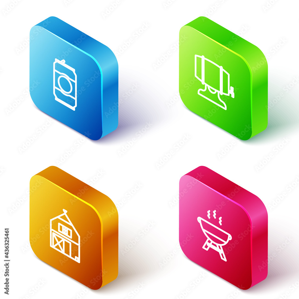 Set Isometric line Beer can, Wooden barrel on rack, Farm House and Barbecue grill icon. Vector Set Isometric line Beer can, Wooden barrel on rack, Farm House and Barbecue grill icon. Vector