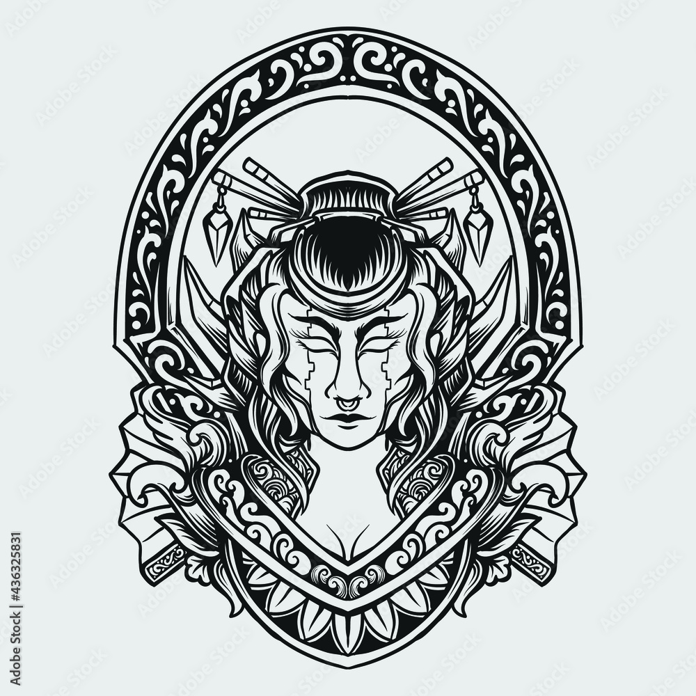 Fototapeta premium tattoo and t shirt design black and white hand drawn geisha engraving ornament