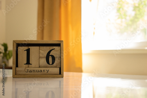 Wooden blocks of the calendar represents the date 16 and the month of January on the background of a window, curtain and a plant.