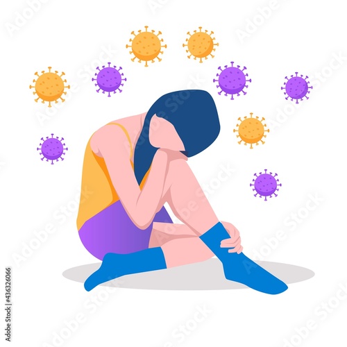 Solitude and depression from social distancing, isolated stay home alone in COVID-19 coronavirus crisis, anxiety from virus infection, Sad unhappy depressed woman sit alone with virus pathogens