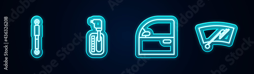 Set line Shock absorber, Gear shifter, Car door and Windscreen wiper. Glowing neon icon. Vector