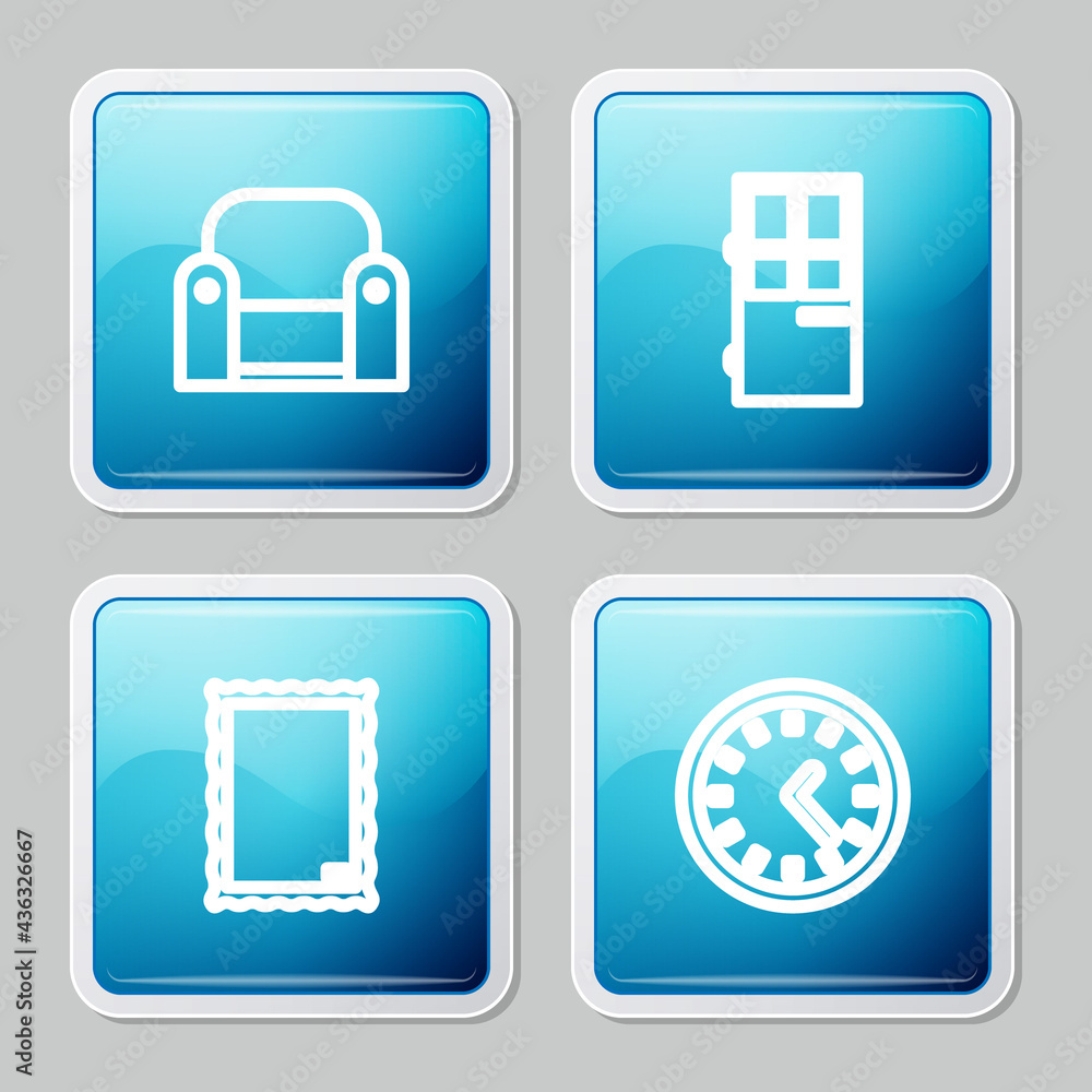 Set line Armchair, Closed door, Picture and Clock icon. Vector Set line Armchair, Closed door, Picture and Clock icon. Vector