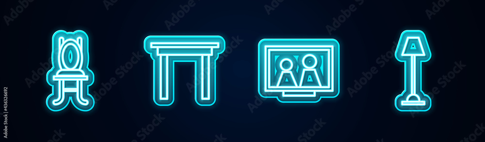 Set line Chair, Wooden table, Picture frame on and Floor lamp. Glowing neon icon. Vector Set line Chair, Wooden table, Picture frame on and Floor lamp. Glowing neon icon. Vector
