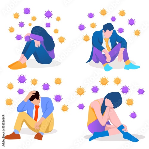 Solitude and depression from social distancing, isolated stay home alone in COVID-19 coronavirus crisis, anxiety from virus infection, Sad unhappy depressed people sit alone with virus pathogens