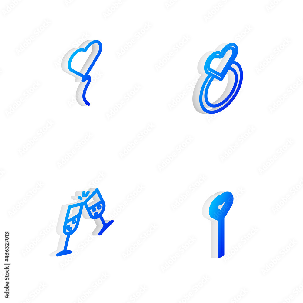 Set Isometric line Wedding rings, Balloon form of heart, Glass champagne and Lollipop icon. Vector Set Isometric line Wedding rings, Balloon form of heart, Glass champagne and Lollipop icon. Vector