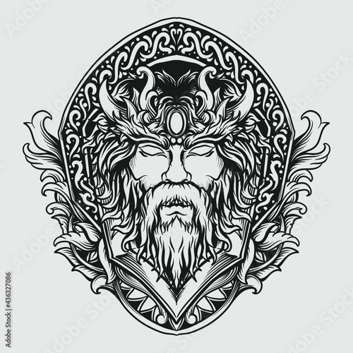 tattoo and t shirt design black and white hand drawn gods zeus head engraving ornament