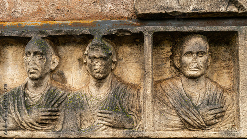 Fotografi Roman tomb on the ancient Appia Antica road of the Roman Empire, illuminated by the rays of the sun near the Villa of Maxentius, the tomb of Cecilia Metella and the Catacombs, Rome Italy Europe