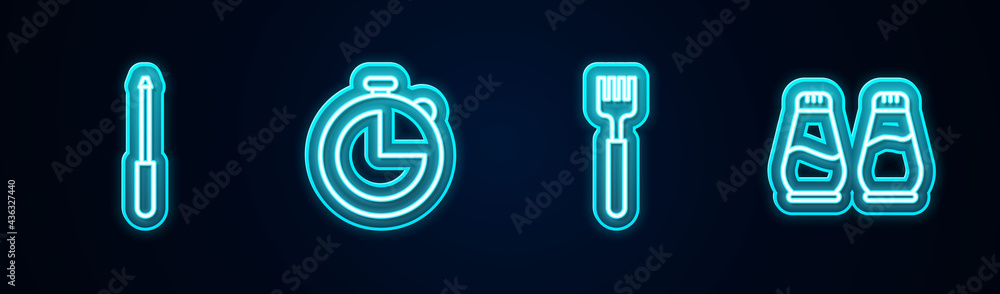 Set line Knife sharpener, Kitchen timer, Fork and Salt and pepper. Glowing neon icon. Vector Set line Knife sharpener, Kitchen timer, Fork and Salt and pepper. Glowing neon icon. Vector