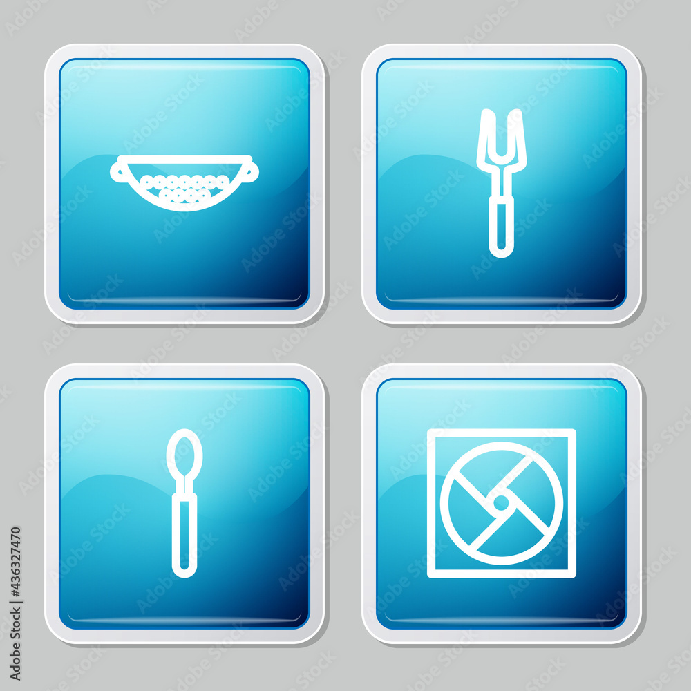 Set line Kitchen colander, Barbecue fork, Spoon and Ventilation icon. Vector Set line Kitchen colander, Barbecue fork, Spoon and Ventilation icon. Vector