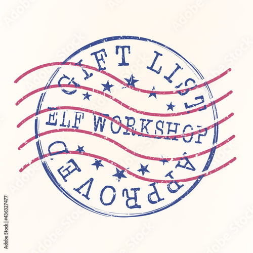 Elf Workshop Santa Claus Stamp Design. Icon Illustration Christmas Seal. Gift List Approved North Pole.