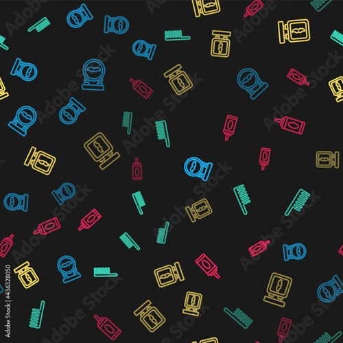 Set line Barbershop, Hairbrush, and Bottle of shampoo on seamless pattern. Vector