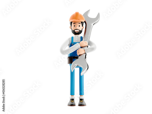 Fototapeta Naklejka Na Ścianę i Meble -  Builder plumber cartoon character, funny worker or engineer with wrench isolated icon 3d illustration.