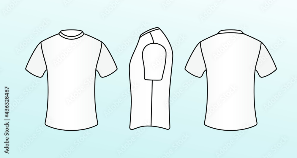 Blank shirt template. Outline t-shirt mock up. White unisex tee with round  collar. Jersey mold. Men and women top wear for design. Front, back, side  views set. Uniform, fashion. Vector illustration. vector
