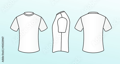 Blank shirt template. Outline t-shirt mock up. White unisex tee with round collar. Jersey mold.  Men and women top wear for design. Front, back, side views set. Uniform, fashion. Vector illustration.
