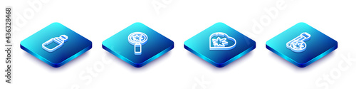Set Isometric line Marijuana or cannabis olive oil, Magnifying glass and marijuana, leaf heart and Chemical test tube with icon. Vector