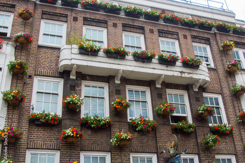 Facade of apartment building in London covered in beautiful flower boxes