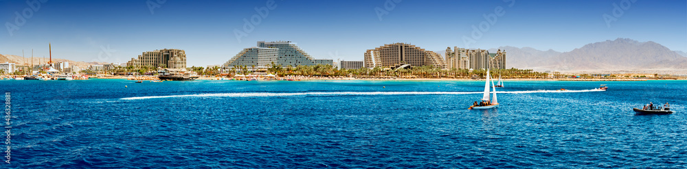 Panoramic view on central public beach of Eilat – famous tourist resort city in Israel, Middle East