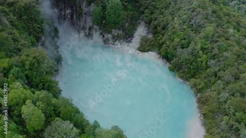 Famous Inferno Lake with toxic sulfur steam in Waimangu Volcanic Rift Valley