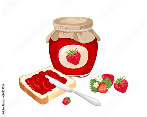 Strawberry jam spread on a piece of toast bread, a knife, a glass jar with jelly and fresh red berries isolated on a white background. Vector illustration in cartoon flat style.