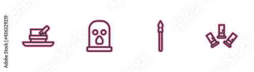 Set line Hunter hat with feather, Medieval spear, Balaclava and Cartridges icon. Vector