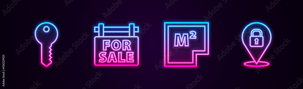 Set line House key, Hanging sign with For Sale, plan and Location lock. Glowing neon icon. Vector Set line House key, Hanging sign with For Sale, plan and Location lock. Glowing neon icon. Vector