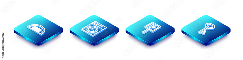 Set Isometric line Garage, Washer, Parking and House key icon. Vector Set Isometric line Garage, Washer, Parking and House key icon. Vector