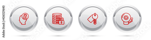 Set line Human head with lock, Server security, Marked key and Ringing alarm bell. Silver circle button. Vector