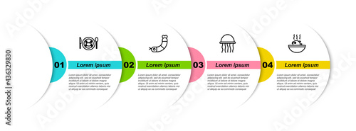 Set line Served crab on a plate, Shrimp, Jellyfish and Puffer soup. Business infographic template. Vector