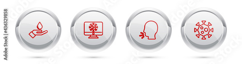 Set line Washing hands with soap, Virus statistics on monitor, Man coughing and . Silver circle button. Vector