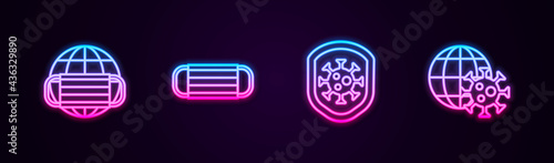 Set line Earth with medical mask, Medical protective, Shield protecting from virus and globe. Glowing neon icon. Vector