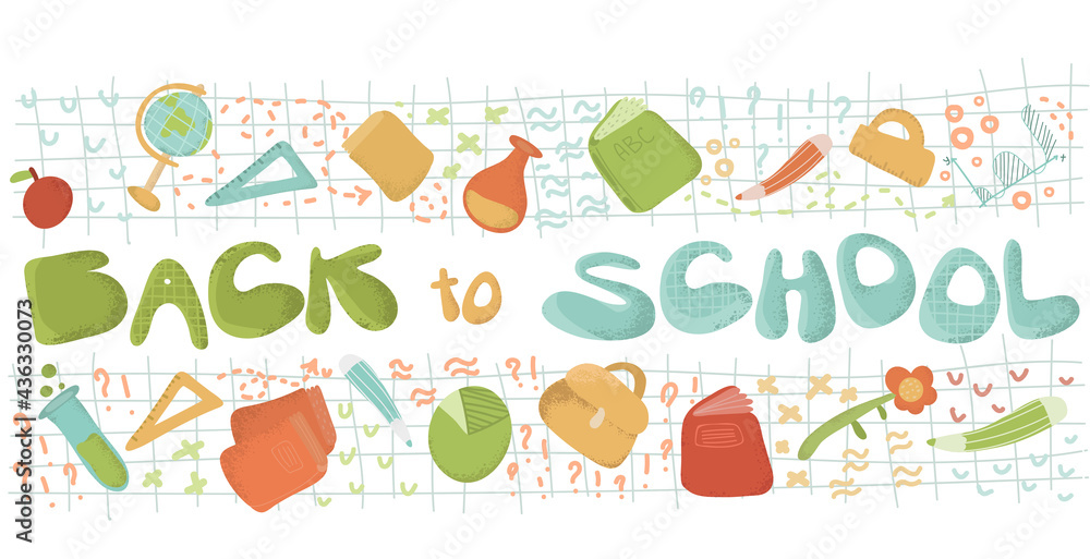 Back to school text. lettering school with school objectl. Seamless panorama. Long banner. Funny cartoon character. Back to school text. lettering school with school objectl. Seamless panorama. Long banner. Funny cartoon character.