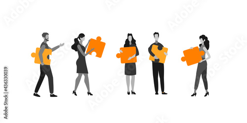 A group of people connecting puzzle elements. Business concept. Team metaphor. Symbol of teamwork, cooperation. Content creation, creative person vector concept