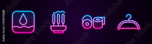 Set line Water drop, Incense sticks, Toilet paper roll and Hanger wardrobe. Glowing neon icon. Vector
