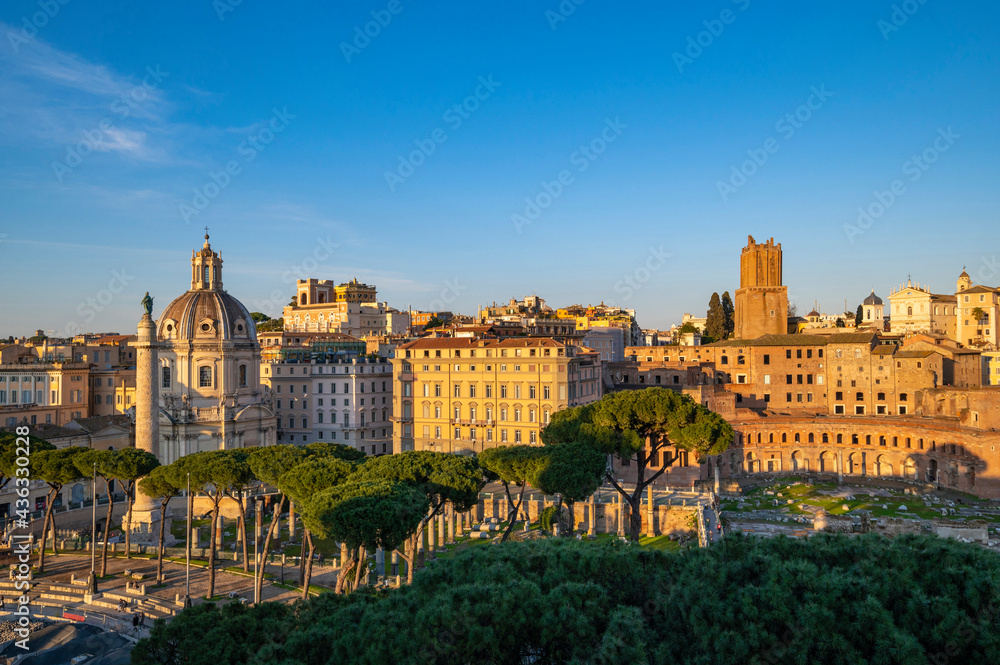 Rome Panorama of the city from the terrace of the Altar of the Fatherland, monument to Vittorio Emanuele II. Piazza Venezia with the Mercati Traianei, the Torre delle Milizie church in Rome.