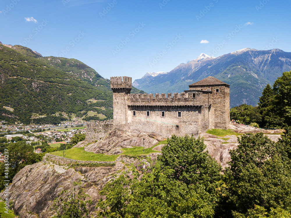 Aerial image of the medieval castle Castello Sasso Corbaro in the capital city of Canton Ticino, Bellinzona, Switzerland.