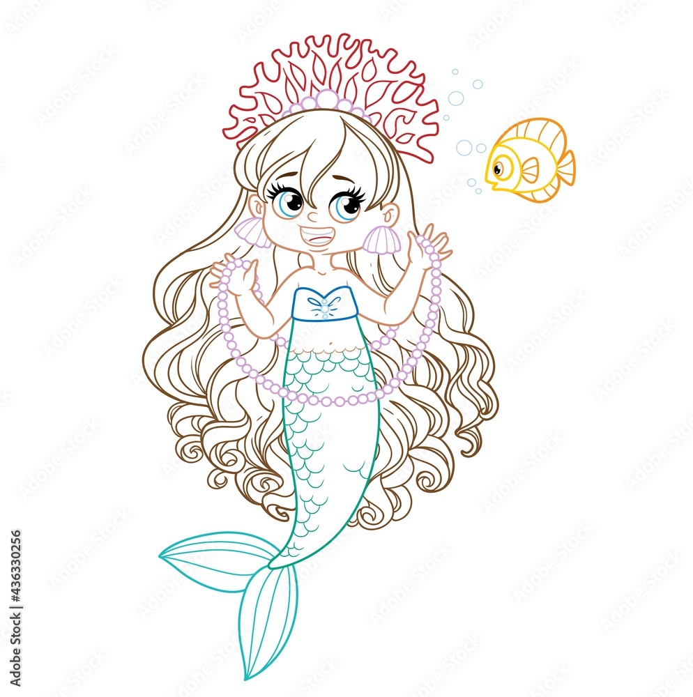 Cute little mermaid girl in coral tiara shows a long pearl necklace to ...