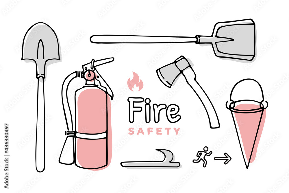 Hand drawn fire and fire fighting in doodle style. Vector set of fire