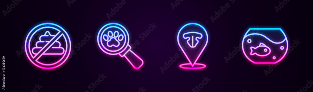 Set line No shit, Veterinary clinic, Cat nose and Aquarium with fish. Glowing neon icon. Vector Set line No shit, Veterinary clinic, Cat nose and Aquarium with fish. Glowing neon icon. Vector