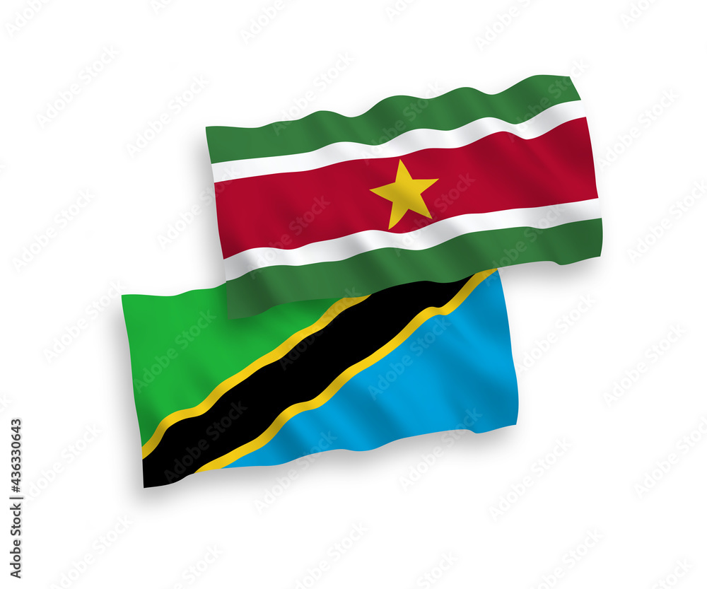 Flags of Republic of Suriname and Tanzania on a white background Flags of Republic of Suriname and Tanzania on a white background