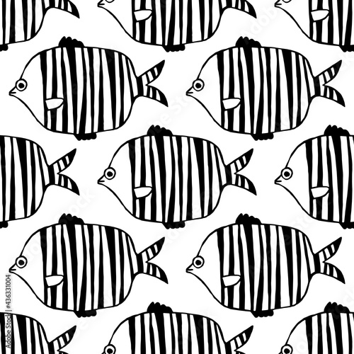 Doodle fish. Black and white seamless pattern