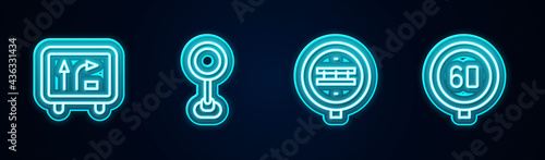 Set line Road traffic sign, , Railroad crossing and Speed limit. Glowing neon icon. Vector