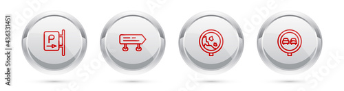 Set line Parking, Road traffic sign, warning rockfall and No overtaking road. Silver circle button. Vector