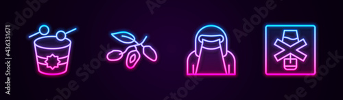 Set line Ramadan drum, Date fruit, Muslim woman in niqab and No alcohol. Glowing neon icon. Vector